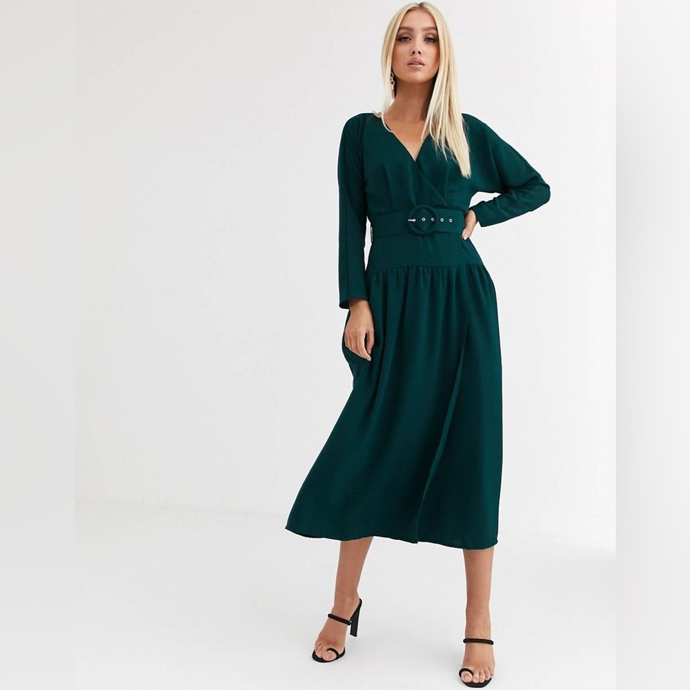 ASOS DESIGN wrap maxi dress with buckle belt in green